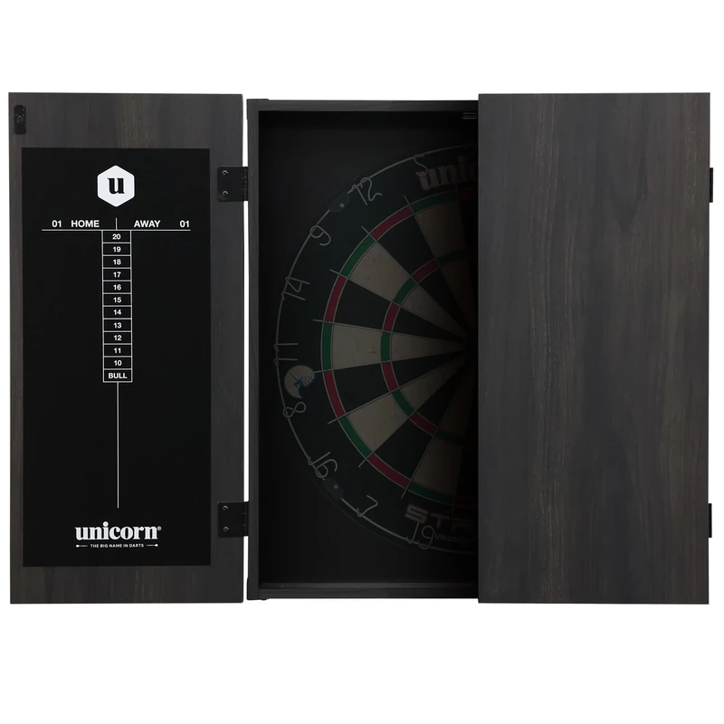 Unicorn Dartboard Cabinet | Maestro | Compact Square Case | Wipe-Clean Scoring Blackboard | Black Veneer Woodgrain Effect