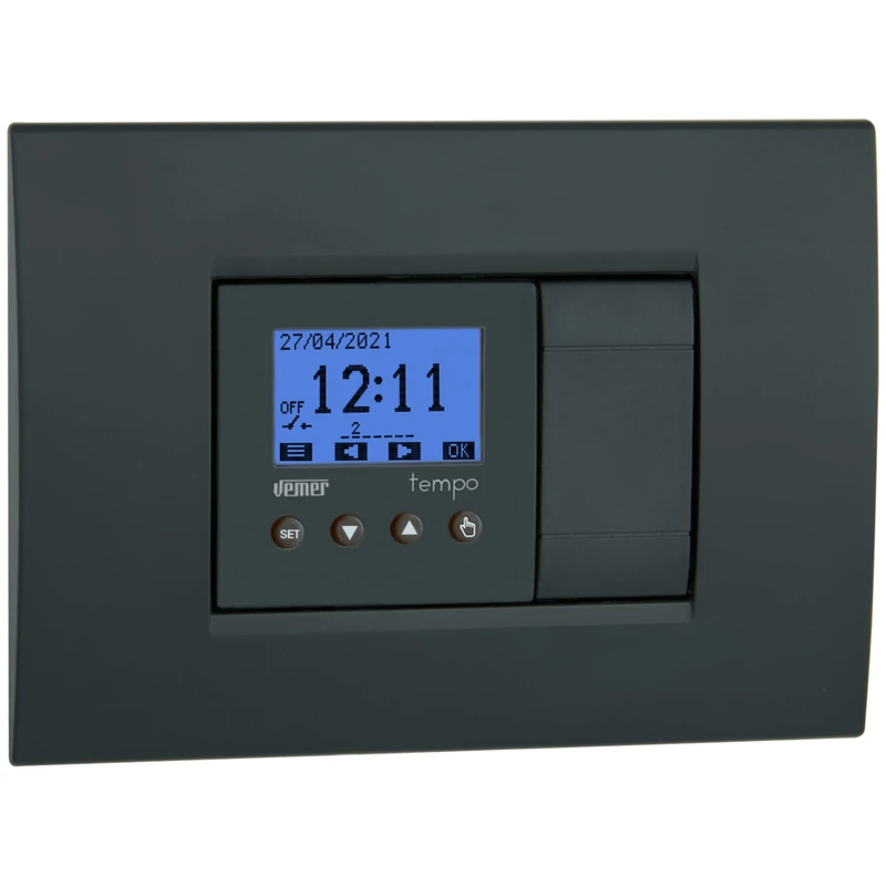 VEMER Digital Switch for Time or Astronomical Programming, Ideal Timer for Blinds, Lights, Gates, Installation in Box (2 modules), White and Anthracite Grey, 2 Moduli