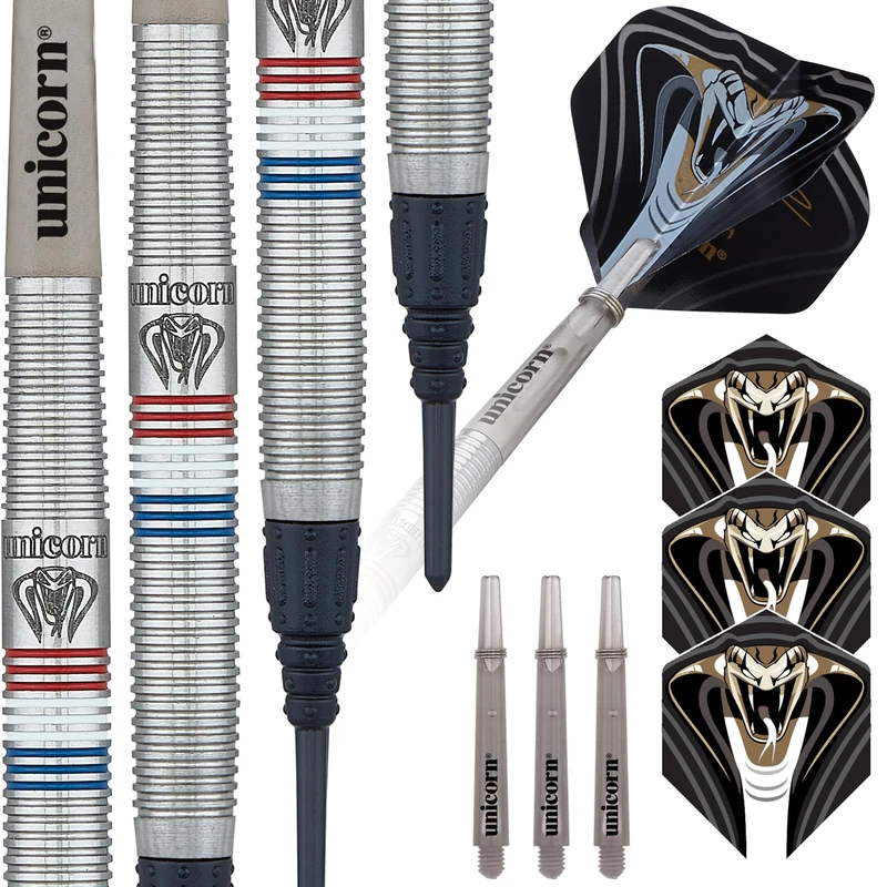 Unicorn Soft Tip Darts Set | Jeffrey 'The Black Cobra' de Zwaan Maestro Phase 2 | 90% Natural Tungsten Barrels with Red, White & Blue Accents | Epic Tips | 22 g - Image 1