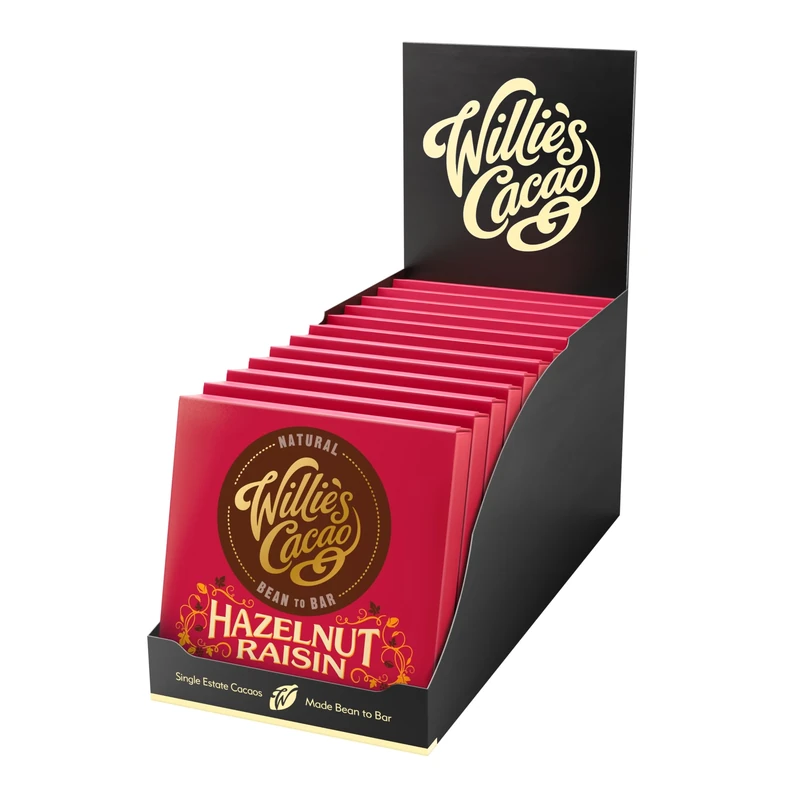 Willie's Cacao - Hazelnut Raisin 70% Dark Chocolate bar - 50g x 12 multipack - Vegan - Artisan made