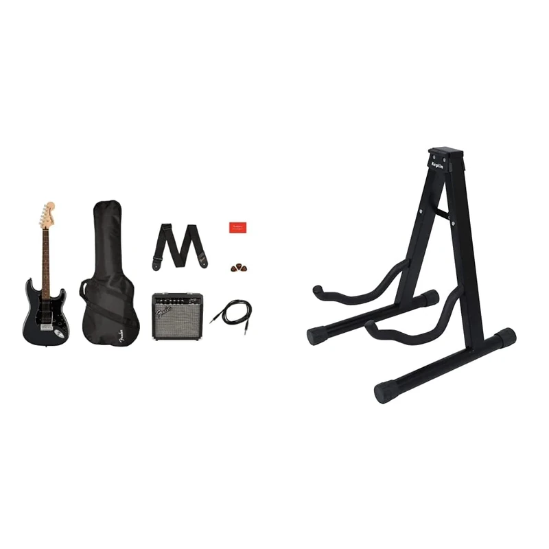 Squier Affinity Stratocaster HSS Electric Guitar Pack in Charcoal Frost Metallic. Gig Bag, Strap & KEPLIN Guitar Stand A Frame Foldable Universal Fits All Guitars Acoustic Electric Bass Stand A