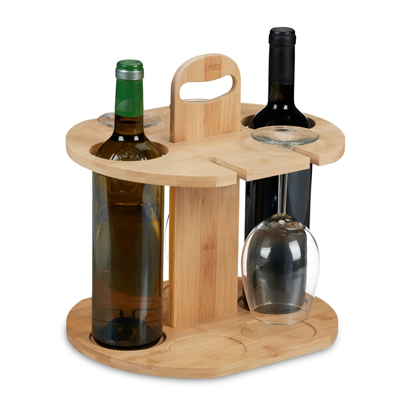 Relaxdays Wine Butler, Storage for 2 Bottles & 4 Glasses, Bamboo, HxWxD: 30.5 x 30x 25 cm, Home, Kitchen & Bar, Natural
