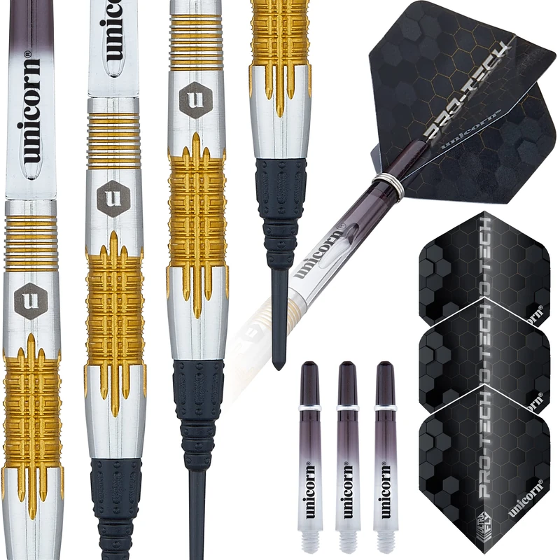 Unicorn Soft Tip Professional Darts Set | Pro-Tech Style 1 | 70% Natural Tungsten Barrels with Golden Accents | Epic Tips | 17 g