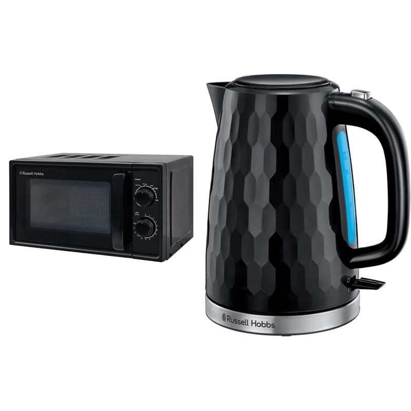 Russell Hobbs Textures 17 Litre Black Manual Microwave, RHM1725B & 26051 Cordless Electric Kettle - Contemporary Honeycomb Design with Fast Boil and Boil Dry Protection, 1.7 Litre, 3000 W, Black