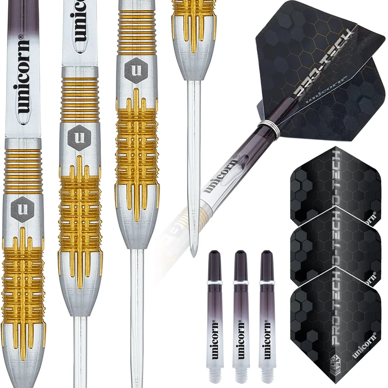 Unicorn Steel Tip Professional Darts Set | Pro-Tech Style 1 | 90% Natural Tungsten Barrels with Golden Accents & Volute Points | 20 g