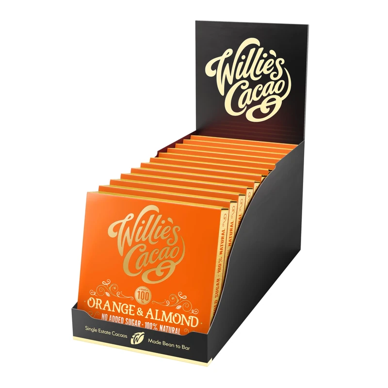 Willie's Cacao - 100% Cocoa with Orange & Almond - No Added Sugar Chocolate bar - 50g x 12 - Naturally sweetened with fruit and nuts - Vegan - Artisan made