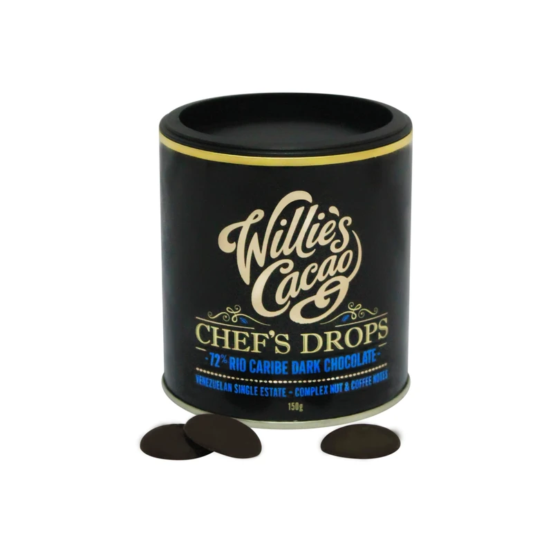 Willie's Cacao - Rio Caribe 72% Dark chocolate Chef's Drops - 150g x 6 - Couverture chocolate with coffee, nutty notes - For cooking & baking - Vegan