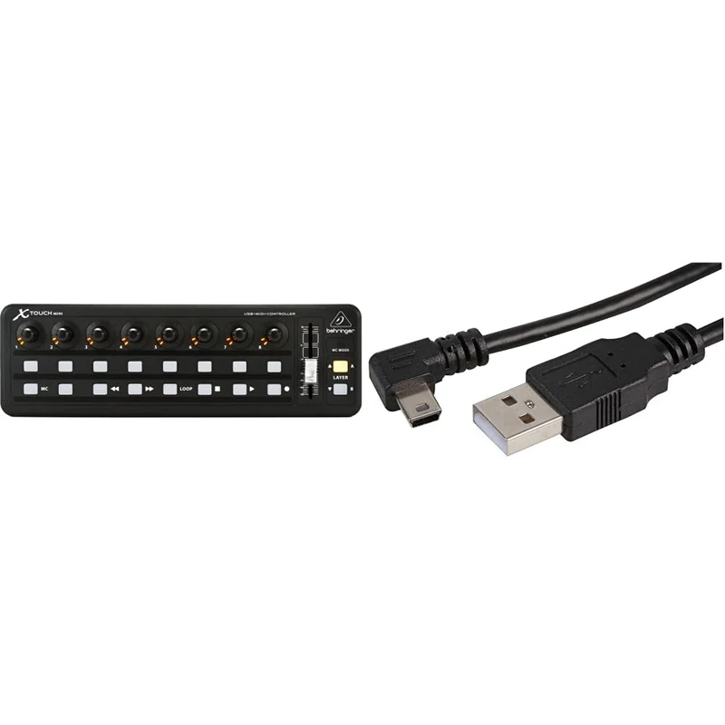Behringer X-TOUCH MINI Ultra-Compact Universal Controller, Compatible with PC and Mac, Pro Signal PSG91618 USB A to Right Angle USB Mini B Lead, 1 m, Black