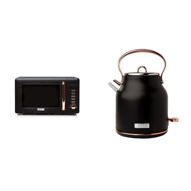 Haden Salcombe Black Microwave, 800w microwave - 20 Litre - Digital Timer - 6 Power Levels - Black and Copper & Heritage Black Kettle, Fast Boil Kettle, 3000W - 1.7 Litre Stainless Steel Kettle