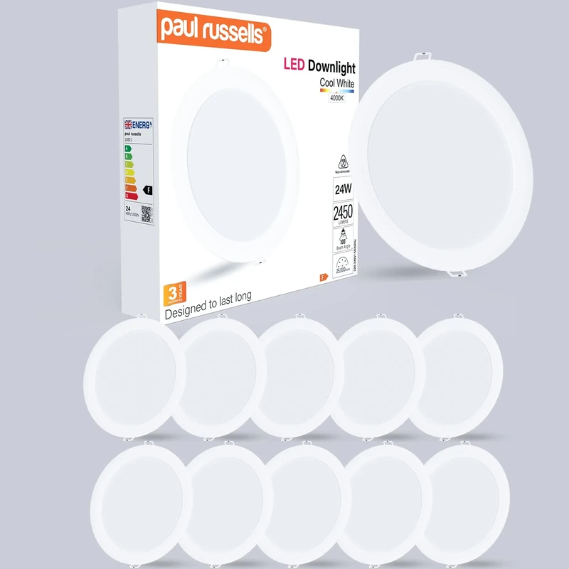 paul russells LED Ceiling Downlights, 24W Slim Recessed Bathroom Downlights, Kitchen Ceilings, 2450 Lumens, 4000K Cool/Natural White, Cutout 195-205mm, Round Non-Dimmable Panel Spotlights, 10 Pack