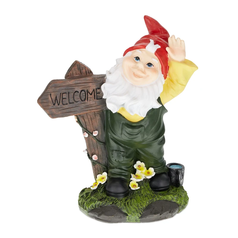 Relaxdays Garden Gnome with Welcome Sign, Decor, Weather & Frost Resistant, 27 x 22 x 12 cm, Polyresin, Multicoloured