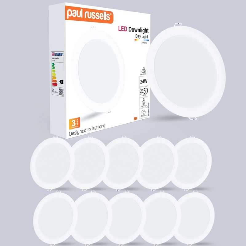 paul russells LED Ceiling Downlights, 24W Slim Recessed Bathroom Downlights, Kitchen Ceilings, 2450 Lumens, 6500K Daylight White, Cutout 195-205mm, Round Non-Dimmable Panel Spotlights, 10 Pack