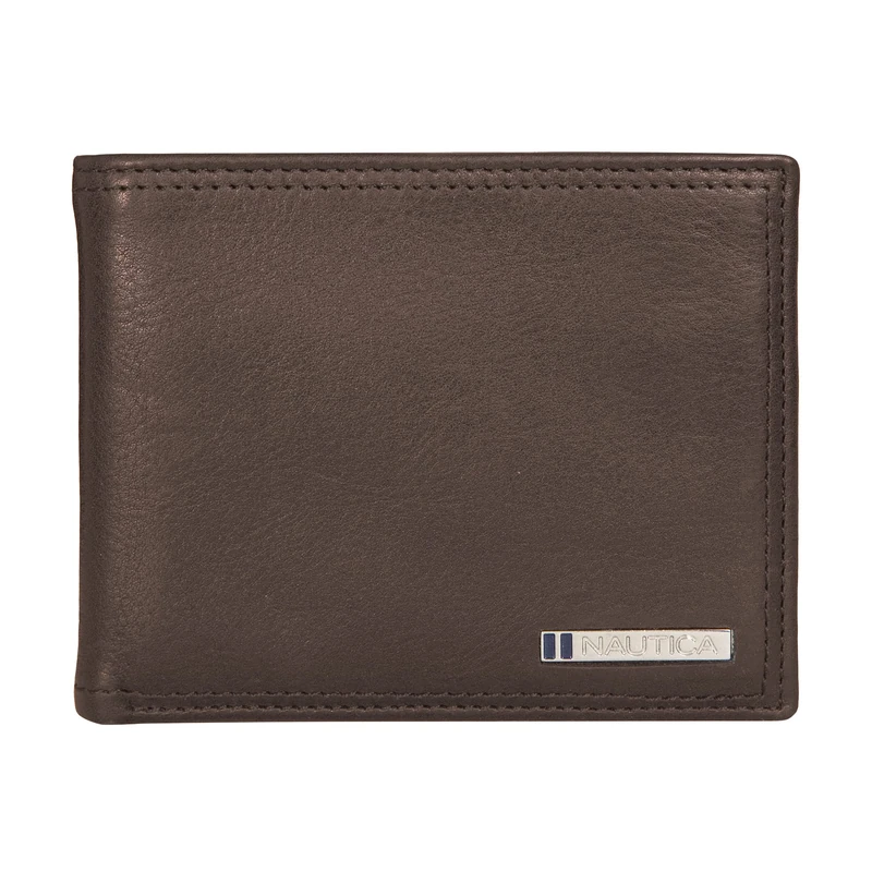 Nautica Men's Bifold Leather Wallet | RFID Blocking | ID Window | Card Slots | Organization | Durable | Stylish, Enameled Logo - Brown, One Size