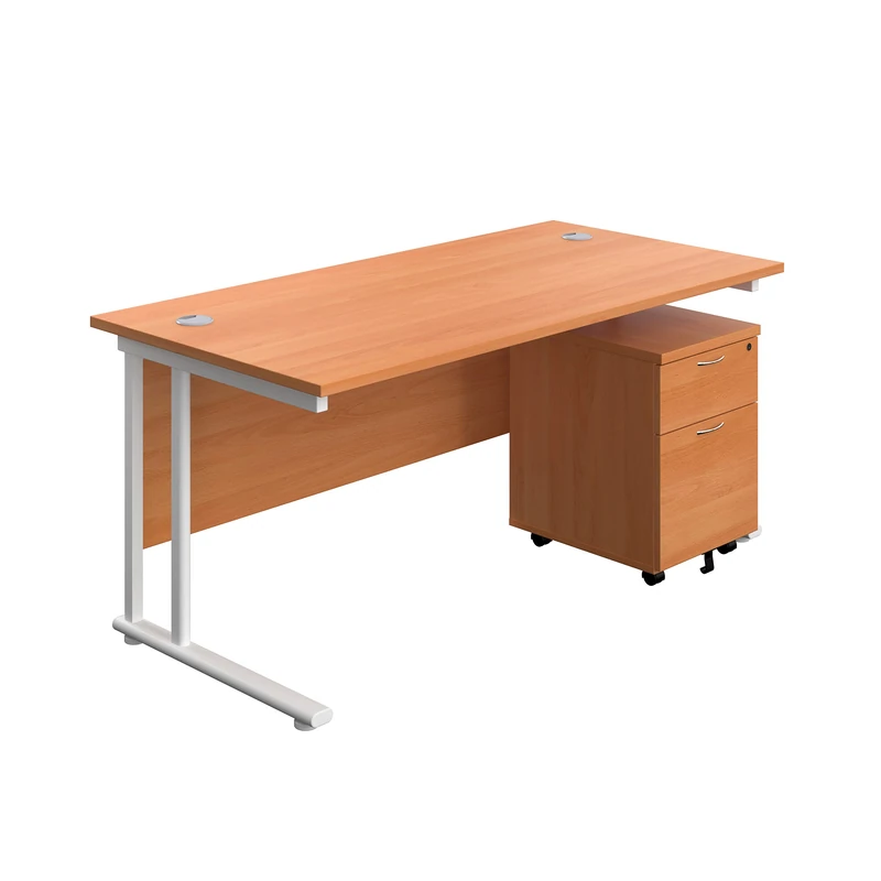 Heavy Duty Rectangular Cantilever Office Desk, Home Office Desk With 2 Drawer Lockable Mobile Pedestal Filing Cabinet, File Cabinet, 5 Yr Wty
