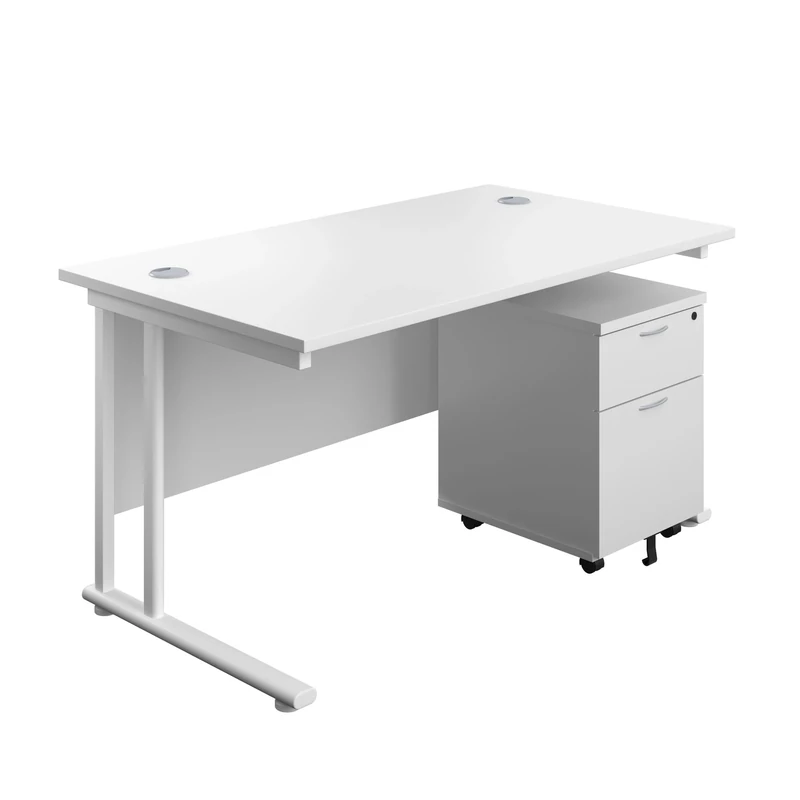 Office Hippo Heavy Duty Rectangular Cantilever Office Desk, Home Office Desk With 2 Drawer Lockable Mobile Pedestal Filing Cabinet, File Cabinet, 5 Yr Wty, White Frame, White, 140 x 80 cm