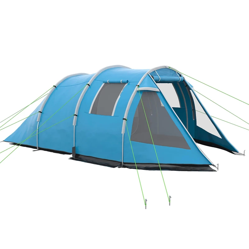 Outsunny 3-4 Man Tunnel Tent, Two Room Camping Tent with Windows, Portable Carry Bag, for Fishing, Hiking, Sports, Festival - Blue