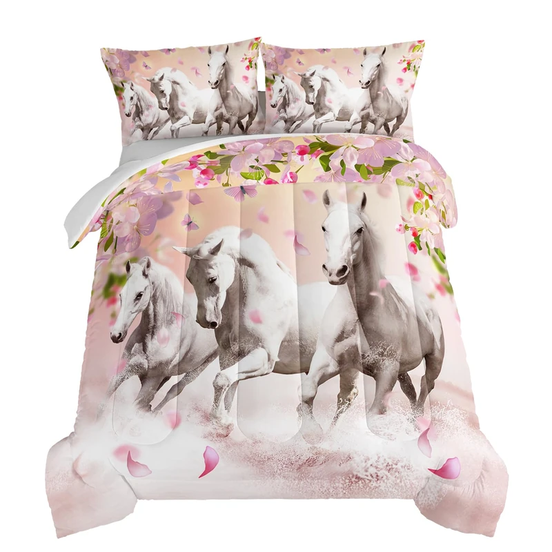 HOSIMA Horse Bedding for Girls,Pink Cherry Blossom Printed Full Size Comforter Set for Teens with 2 Pillowcases,3D Farm Wild Animal Pattern for Girls Bedding Set,Western Bedding Set Theme.