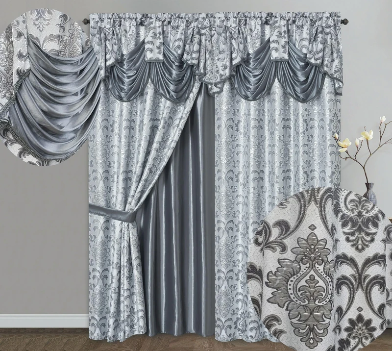 GOHD Samba Star. Jacquard Window Curtain Panel Drape with Attached Fancy Valance and Taffeta Backing. 2pcs Set. Each pc 54" Wide x 90" Drop with 18" Valance. (Grey)