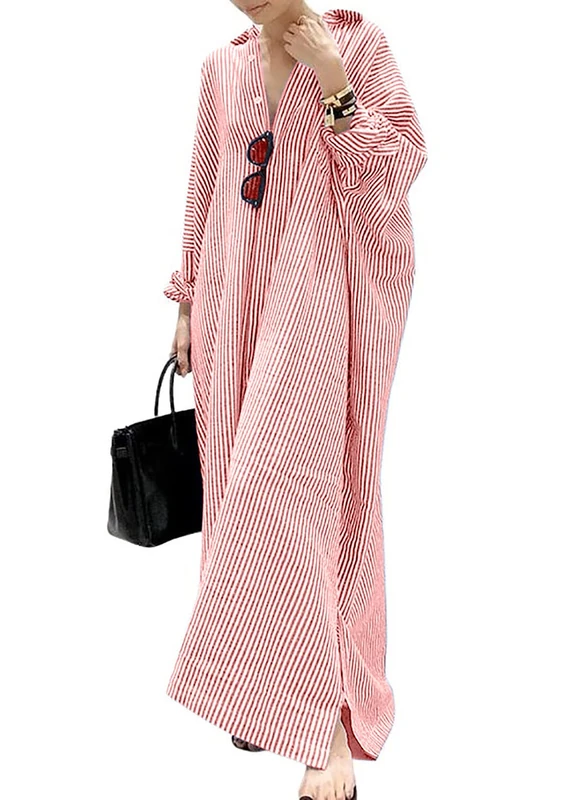 utcoco Womens Striped Long Sleeve Dress Casual Loose Button Down Cotton Maxi Shirt Dress, Red, L