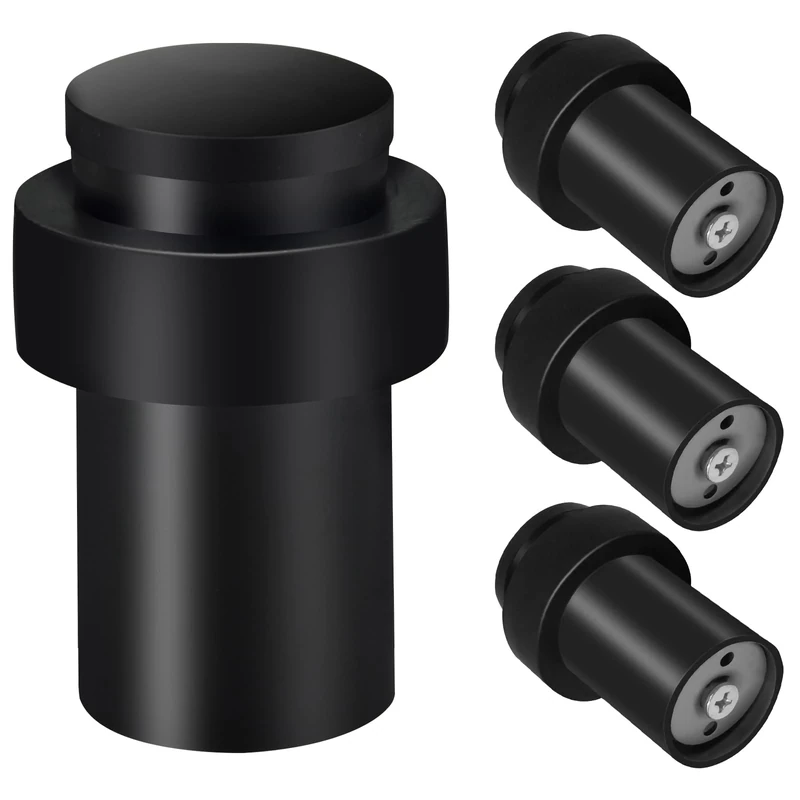 TOKPLNU Door Stops, 50mm Black Door Stop Floor Mounted Stainless Steel Heavy Duty Floor Wall Door Stoppers for Skirtings, Modern Tall Outdoor Doorstop with Rubber Tip & Ring, 4 Pack