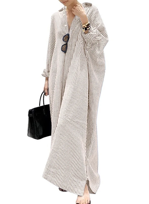 utcoco Womens Striped Long Sleeve Dress Casual Loose Button Down Cotton Maxi Shirt Dress, Khaki, XXL