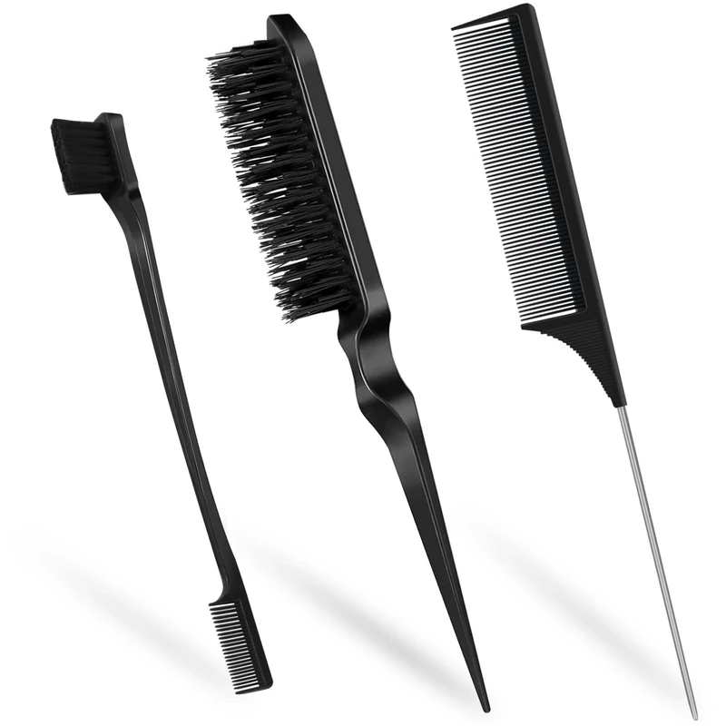 Qufiiry 3-Piece Brush Set - Double Edge, Hard Bristle, Rat Tail Comb