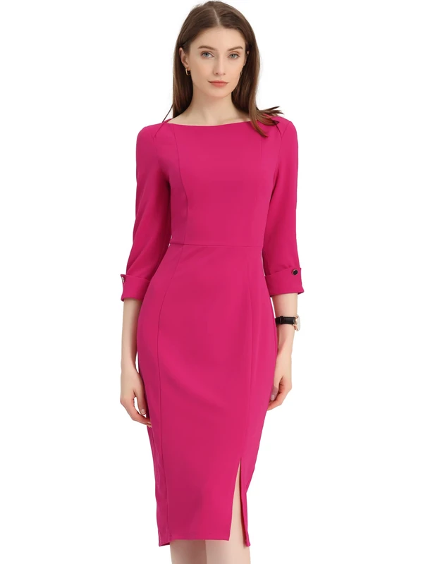 Allegra K Women's Elegant Boat Neck 3/4 Sleeves 2025 Wear to Work Midi Split Sheath Dress, Fushcia, XS
