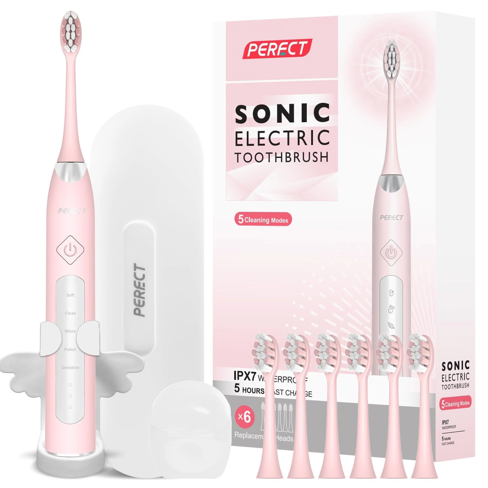 PERECT Electric Toothbrush for Adults, Rechargeable Sonic Electric Toothbrush with 6 Replacement Brush Heads, 1 Charge for 30 Days, 5 Modes 3 Intensities, Smart Timer, Pink