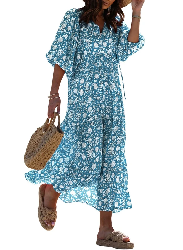 MIDUO Womens Loose Fit Casual Summer V Neck Half Sleeve Bohemian Geometric Pattern Maxi Long Dresses, A Blue 10, S