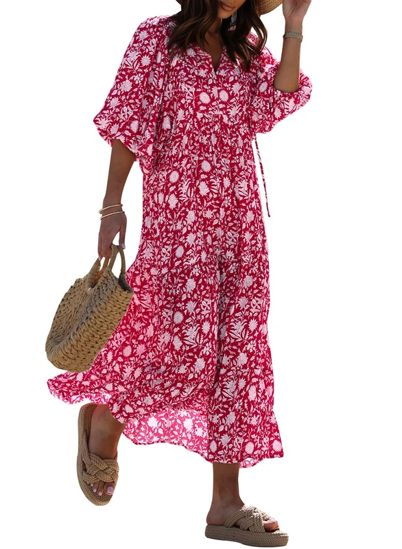 MIDUO Womens Loose Fit Casual Summer V Neck Half Sleeve Bohemian Geometric Pattern Maxi Long Dresses, A Red 09, M