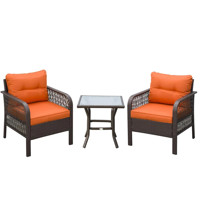 Outsunny 3 Pieces Rattan Bistro Set, Wicker Garden Furniture Set with Glass Top Coffee Table and Chairs, Thickened Cushions for Outdoor, Patio, Balcony, Orange