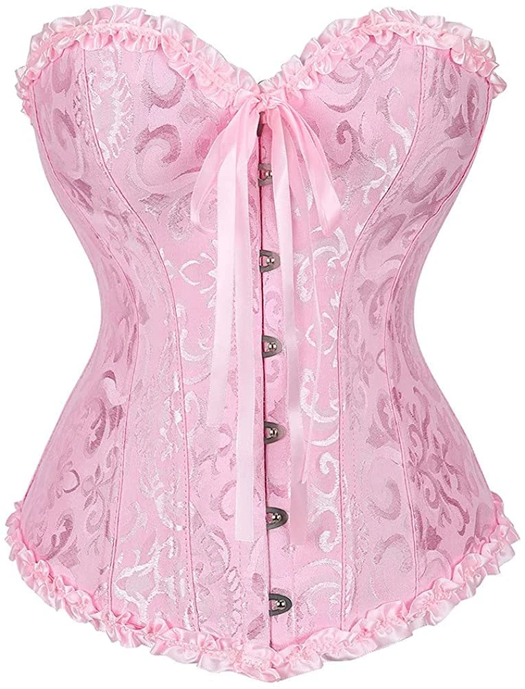 SZIVYSHI Pink Corset - Corsets for Women - Overbust Sweetheart Lace Up Plastic Bones Bustier Top - Waist Trainer - Size XS