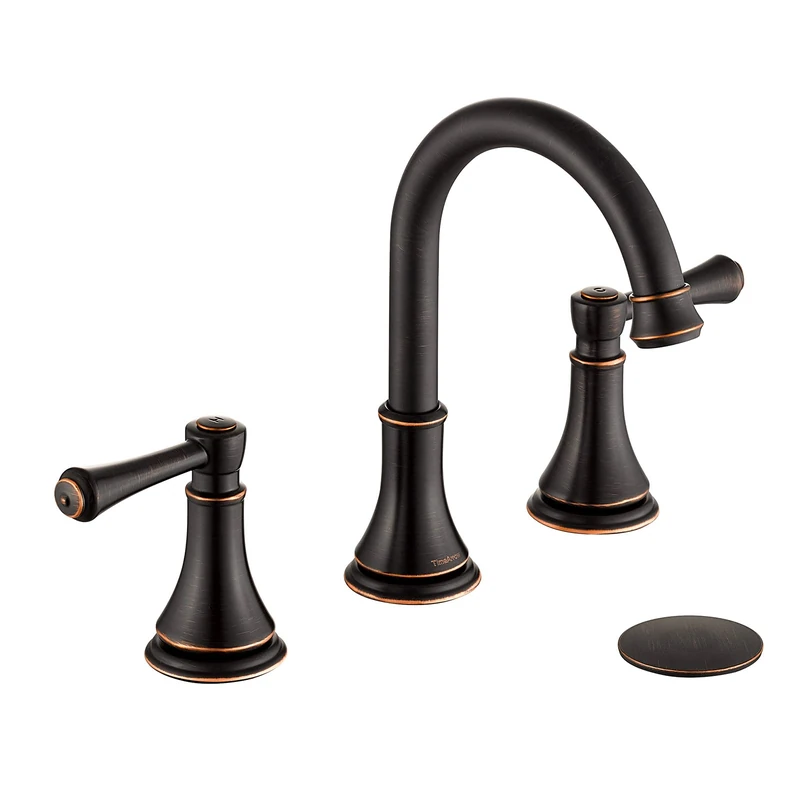 TimeArrow Oil Rubbed Bronze 8" Wide Bathroom Sink Faucet 3 Holes with Pop Up Drain 2 Handles 360° Swivel Spout TAF830Y-ORB