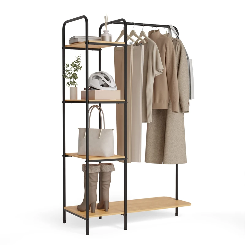 Newlux - Donkey Clothes Resistant up to 35 kg Hangy Wood 400 with Shoe Rack, Metal Clothes Rack with Great Stability, Easy Assembly | Anti-Scratch Base | Includes 4 Shelves (492 x 42 x 150 cm) | Black