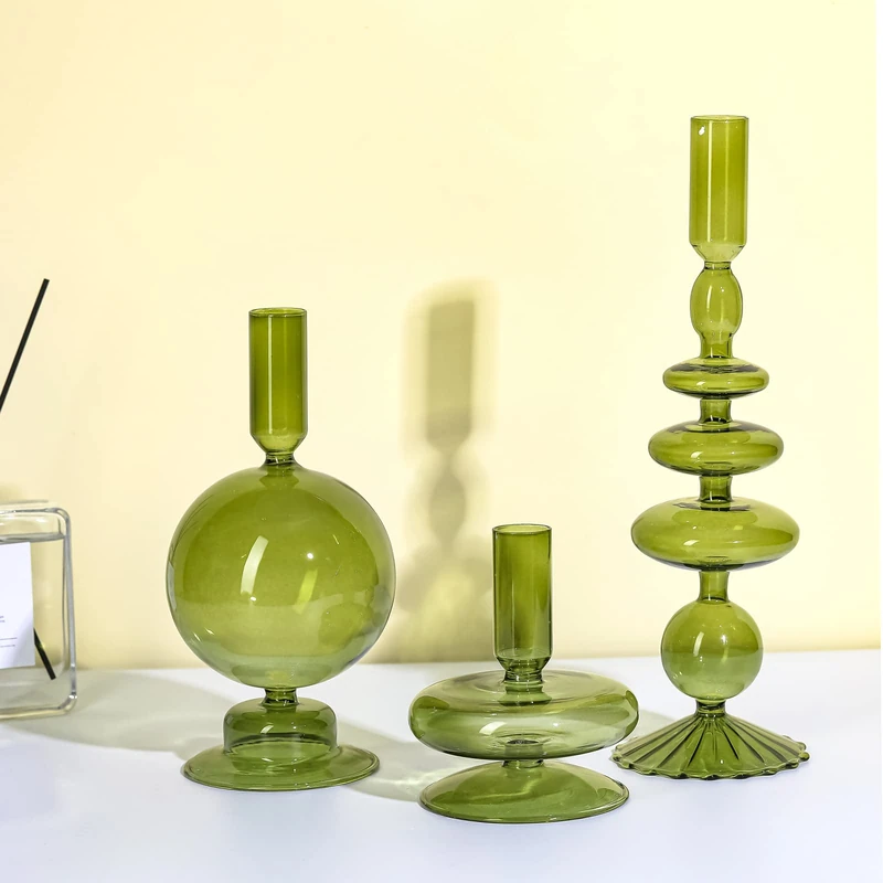 Rtteri 3 Pcs Glass Candlestick Holders Glass Taper Candle Holders Groovy Candlestick Wavy Glass Candlestick Holders Elegant Glass Candlestick Glass Vases for Home Party Centerpiece (Green)