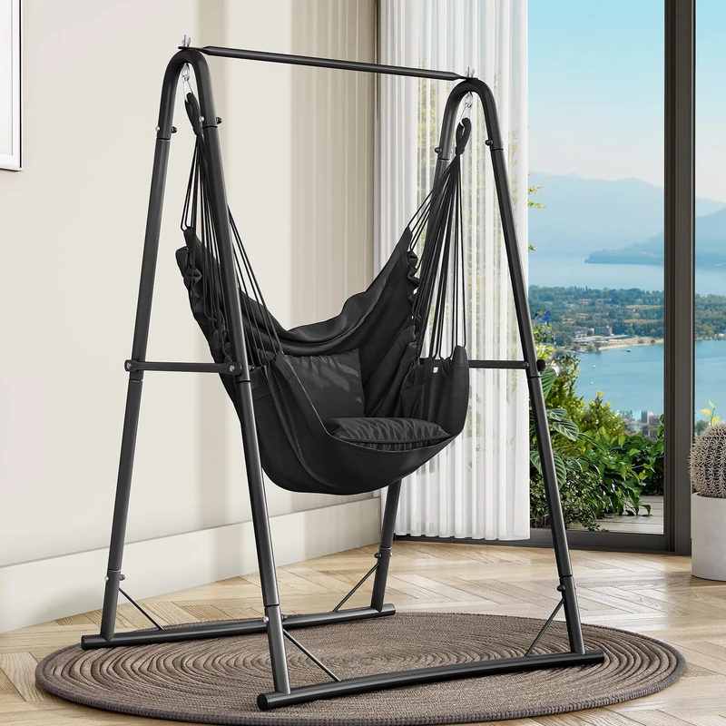 YITAHOME Hammock Chair Stand, Max. load 150 kg, Hammock Stand with Hanging Swing, 85x92x153 cm, Sturdy Steel Frame, Swing Chair with 2 Hooks and 2 Back Cushion for Patio, Balcony and Garden, Black