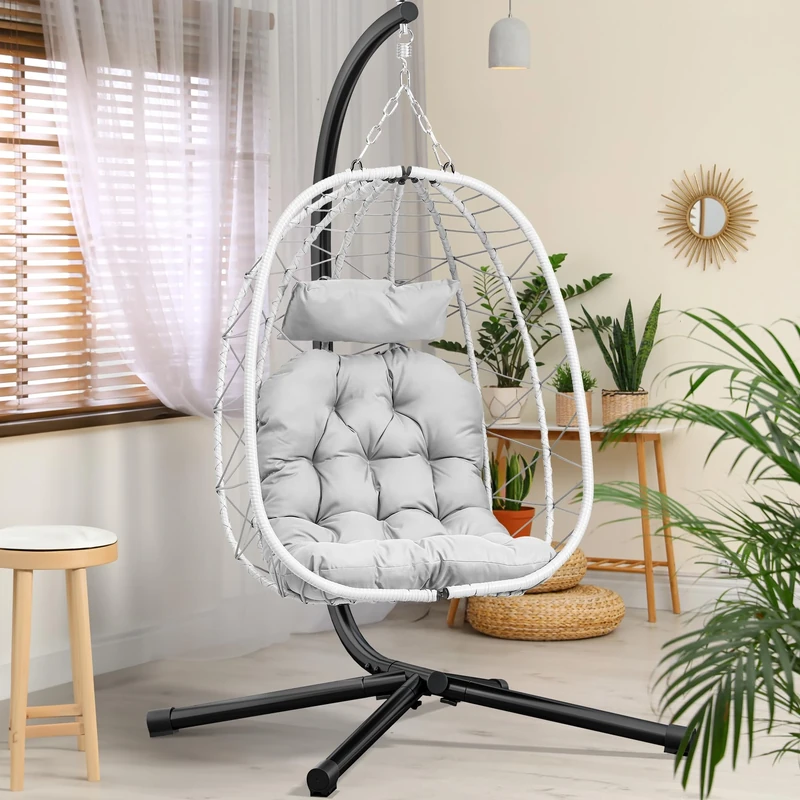 YITAHOME Rattan Swing Egg Chair, Max. load 150kg Egg Chair with Cushion & Stand Indoor 195x120x108cm Hanging Egg Chair Sturdy Steel Frame for Garden, Balcony & Outdoor, Grey Egg Chair & Grey Cushion