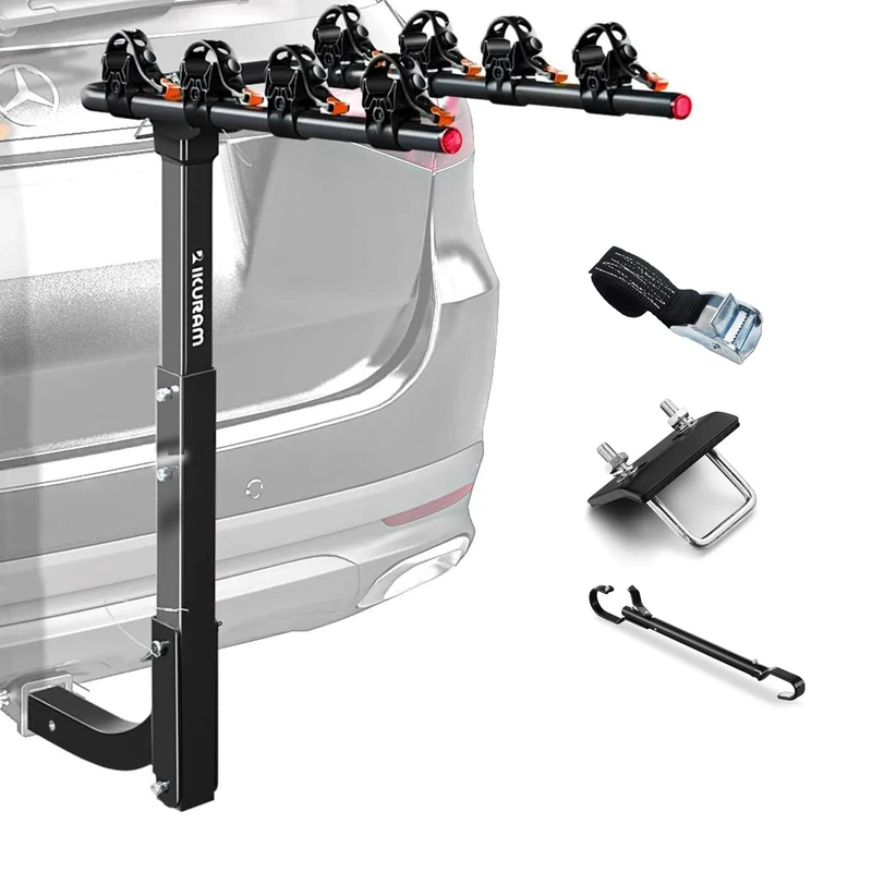 IKURAM R 4 Bike Rack Bicycle Carrier Racks Hitch Mount Double Foldable Rack for Cars, Trucks, SUV's and minivans with a 2" Hitch Receiver Including Top Tube Tension Bicycle Cross-bar Adapter