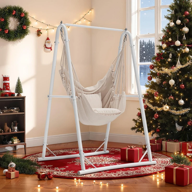 YITAHOME Hammock with Stand, Max. load 150 kg, Hammock Stand with Hanging Swing, 105x93x160 cm, Sturdy Steel Frame, Swing Chair with 2 Cushions and 1 Side Pocket for Patio, Balcony and Garden, White