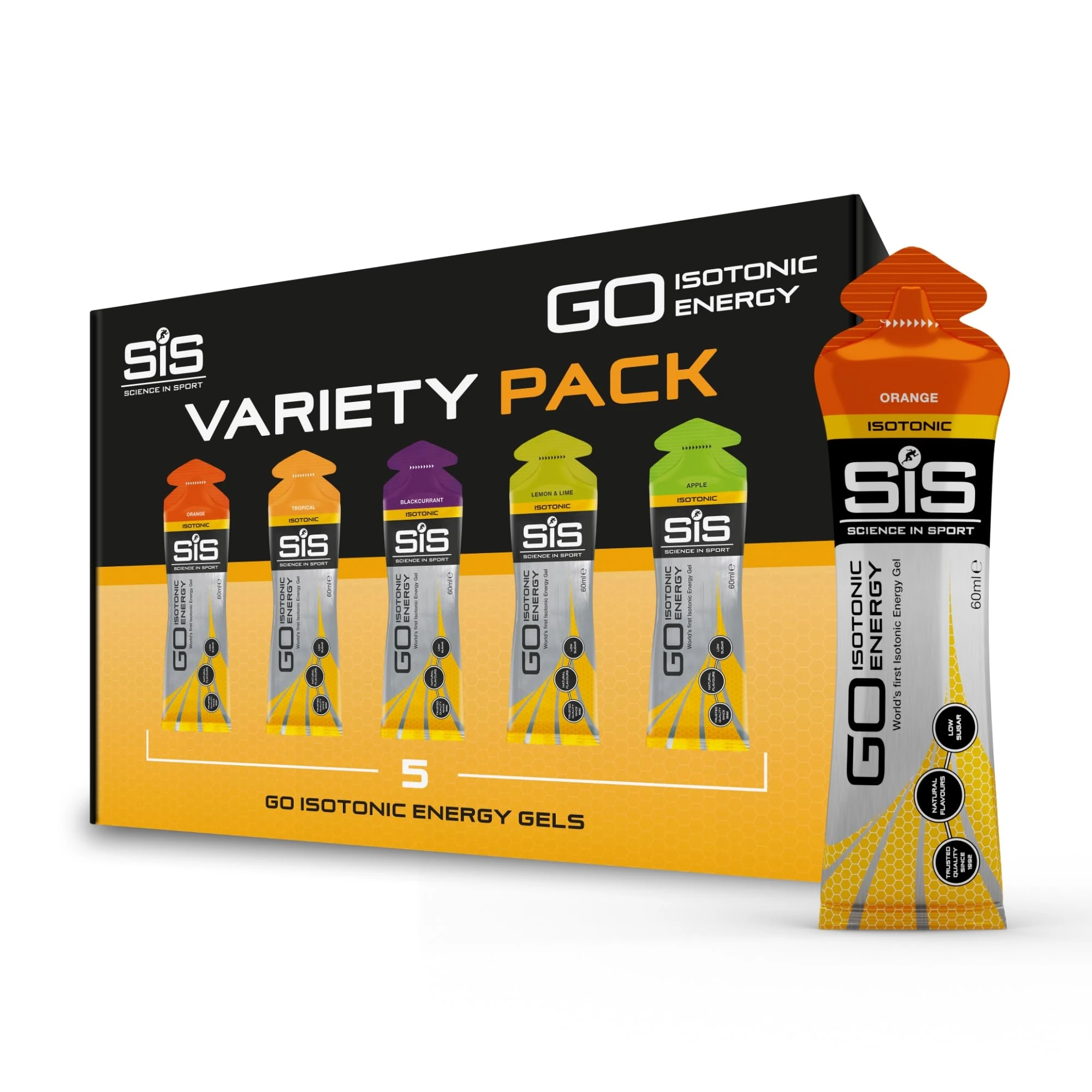 Science In Sport GO Isotonic Energy Gels, Running Gels with 22 g Carbohydrates, Low Sugar, Variety Pack of Assorted Flavours, 60 ml Per Serving (5 Pack), Packaging May Vary