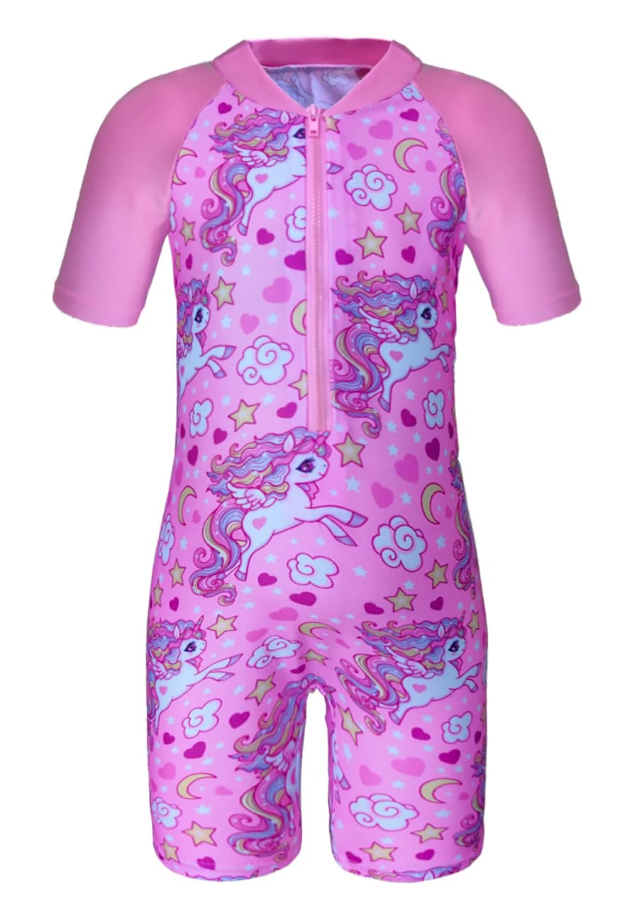 Moneric Girls Swimming Costume Kids One Piece Swimsuit Unicorn Swimwear UV Protection Zipper Bathing Suit Rash Guard Surfing Beachwear Pink Age 5-6 Year
