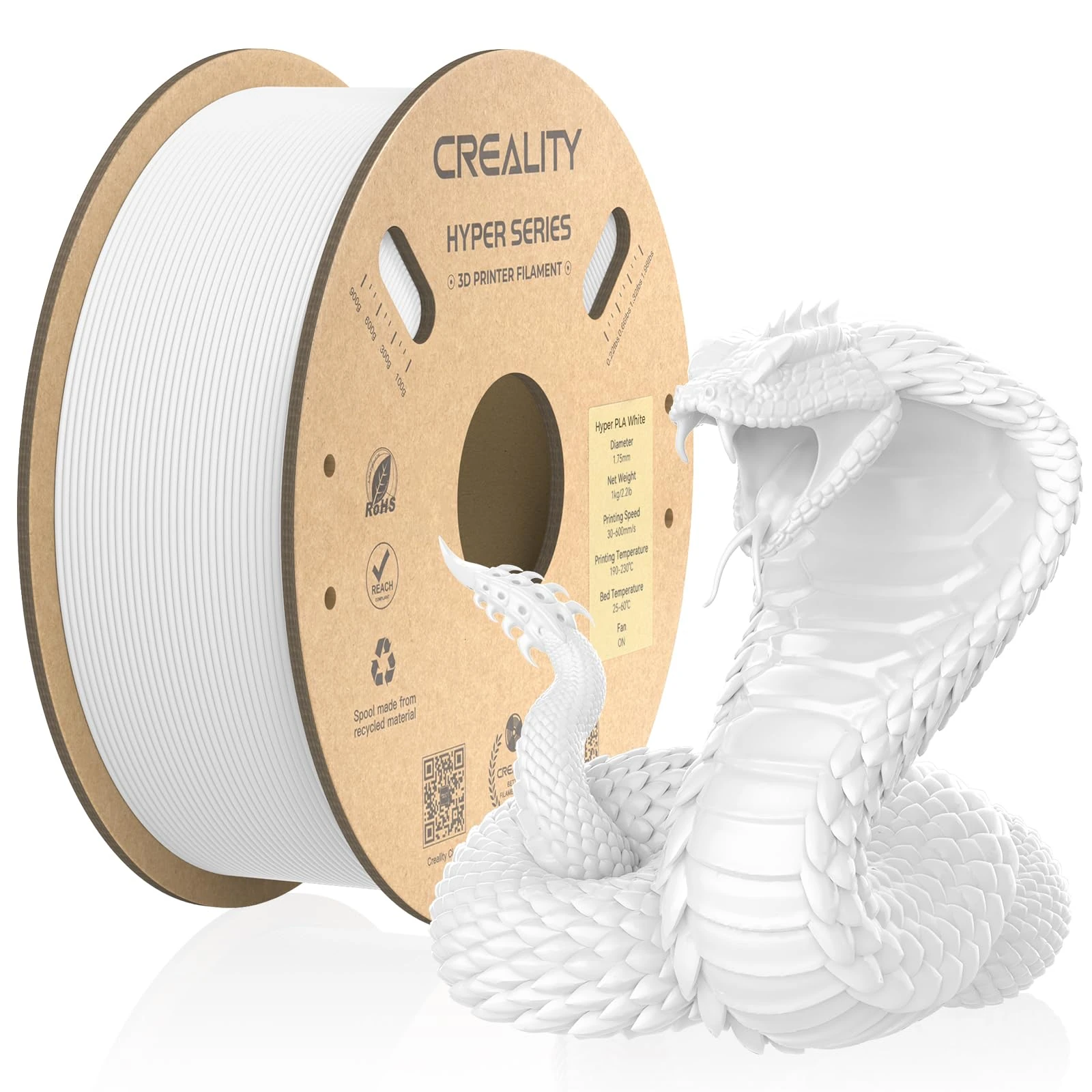 Creality Official 3D Printer Filament, Hyper PLA High Speed Filament, 1.75mm 3D Printing Filament for High-Speed Printing, Dimensional Accuracy +/-0.02mm, 1kg/Spool - White