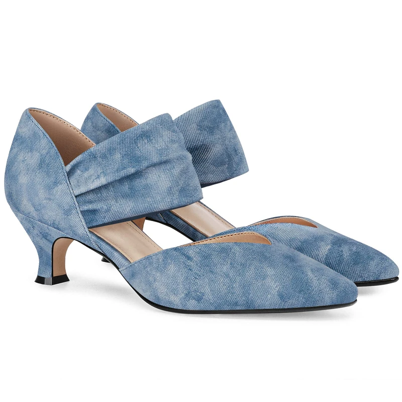 Coutgo Womens Low Kitten Heel Dress Shoes Pointed Toe Slip on Ankle Strap Cutout Elegant Party Wedding Pumps, Jean Blue, 9 UK