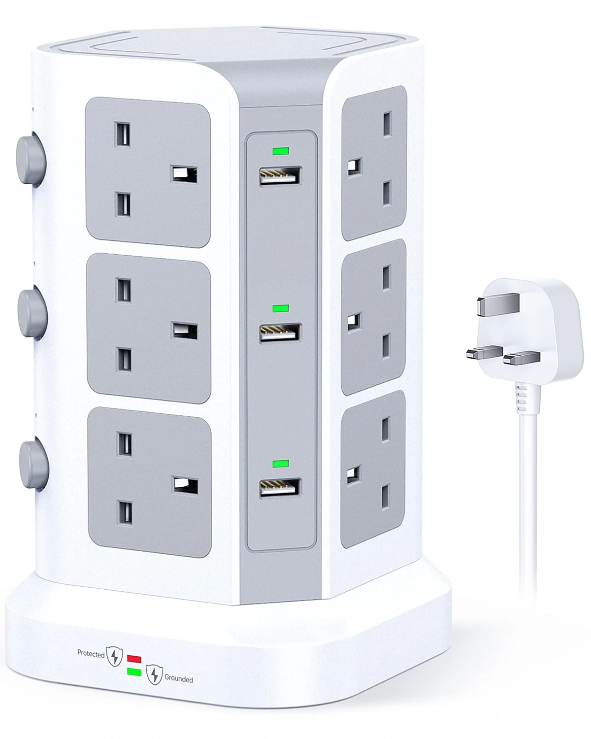 Tower Extension Lead by KOOSLA, [13A 3250W] Surge Protector - 12 AC Outlets & 6 USB Ports Multi Plug Socket Power Strip with Heavy-Duty Extension Cable 2m for Home, Office White