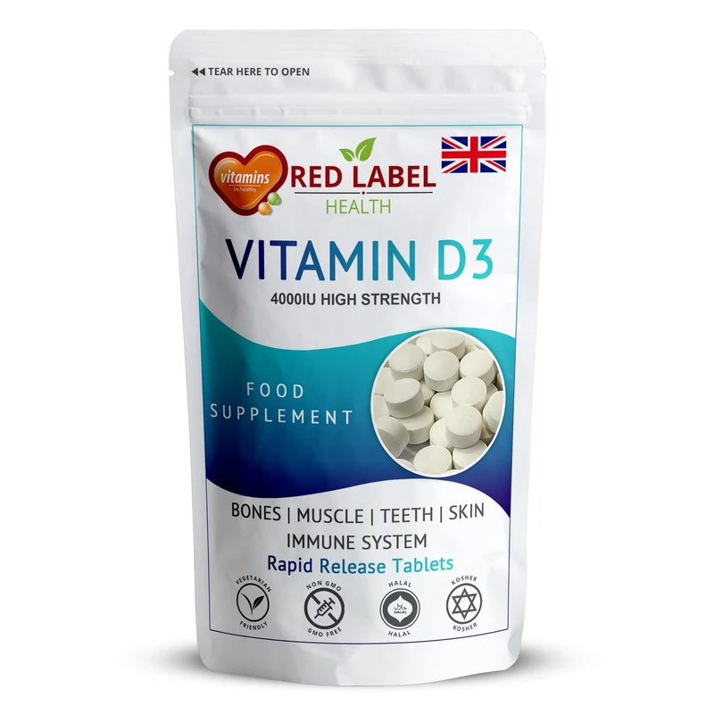 Red Label Health Vitamin D3 4000 IU, Pack of 360 Vitamin D Tablets (1 Year Supply), Healthy Teeth & Bones, Supports Immune System, High Strength Vitamin D Supplement for Men & Women, UK-Made