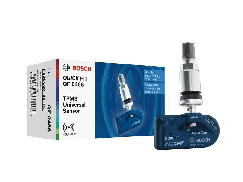 Bosch F026C00466 - QF0466 - Programmable QUICK FIT TPMS sensor - Tyre pressure sensor with silver-coloured metal valve - 433.92 MHz