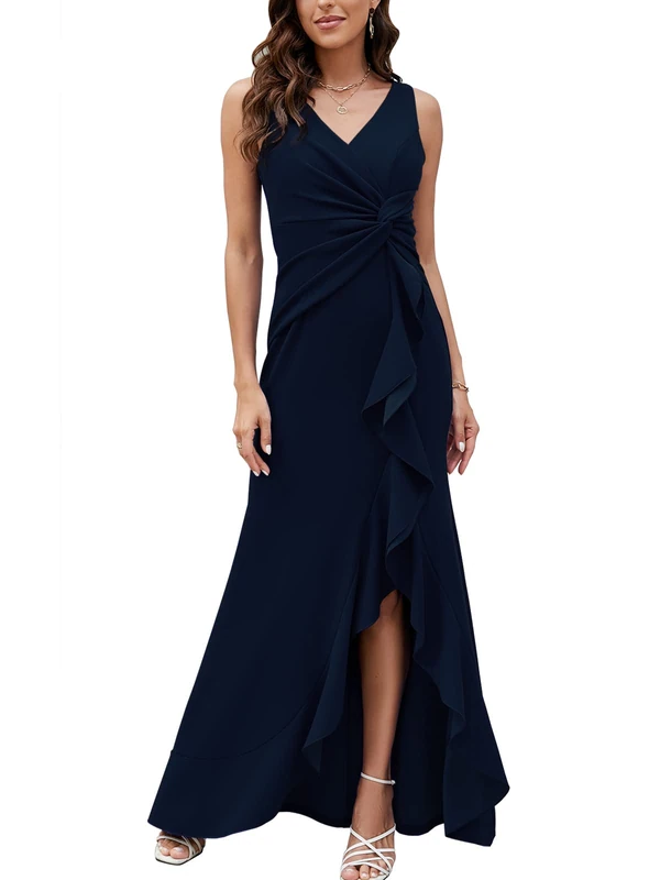 FQA Long Black Evening Gowns for Women Formal Dresses for Women Evening Party Elegant V Neck Sleeveless Split Wrap, Navy Blue, S