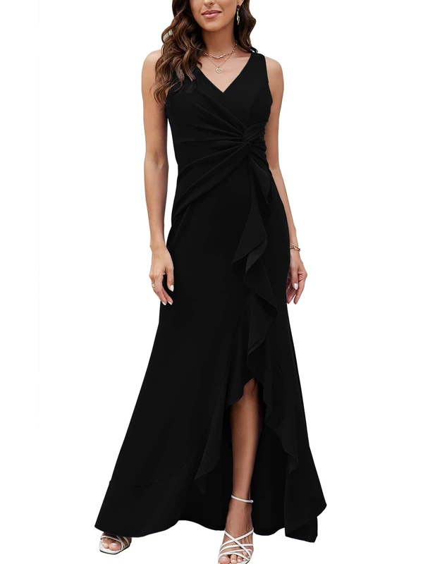 FQA Long Black Evening Gowns for Women Formal Dresses for Women Evening Party Elegant V Neck Sleeveless Split Wrap, Black, S
