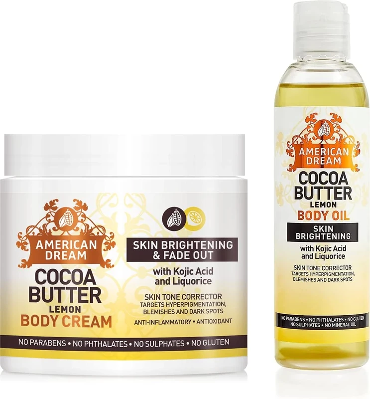 American Dream Cocoa Butter Lemon Body Oil & Cocoa Butter Lemon Body Cream Set for Skin Brightening. Full Size Products