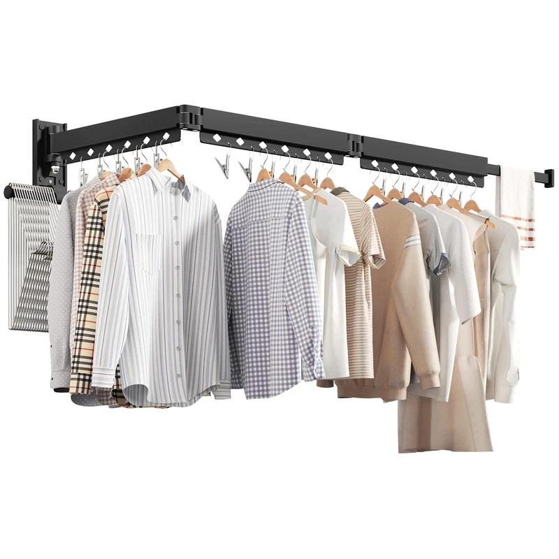 ZdwCyl Wall Mounted Clothes Hanger, Aluminum Clothes Drying Rack, Space Saver, Retractable, Windproof Holes, with Clips